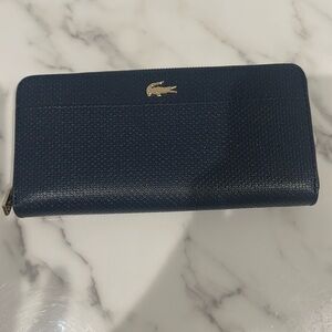 Lacoste Navy Blue Zip-Around Leather Wallet with Gold Logo